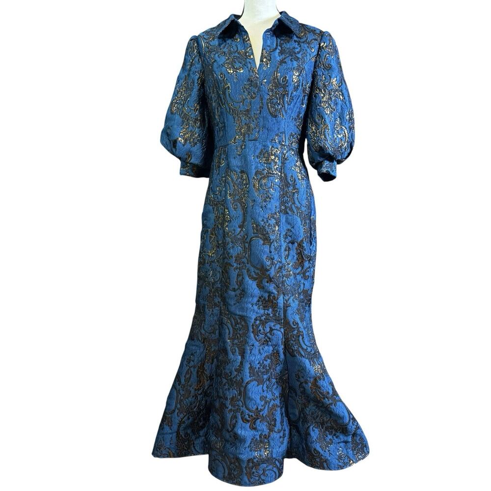 Badgley Mischka Puff-Sleeve Regal Brocade Blue & Metallic Gold Shirtdress Gown 8 - Picture 2 of 14